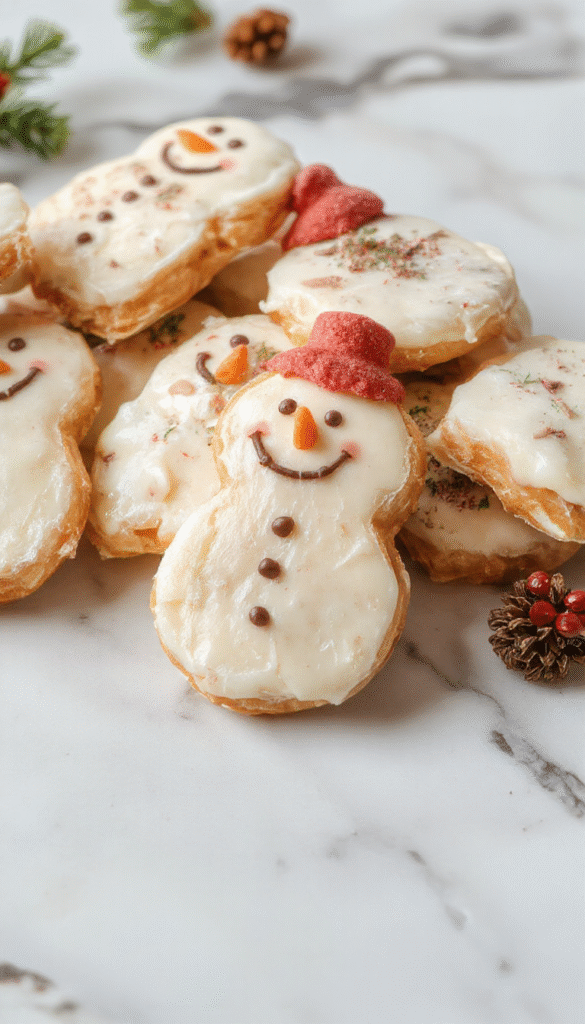 Colorful holiday-themed snowman bark slices displayed on a white plate, featuring dark chocolate with white chocolate snowmen, red and green candy accents, sprinkled with snow-like coconut flakes, styled with festive ornaments and twinkling holiday lights in the background.