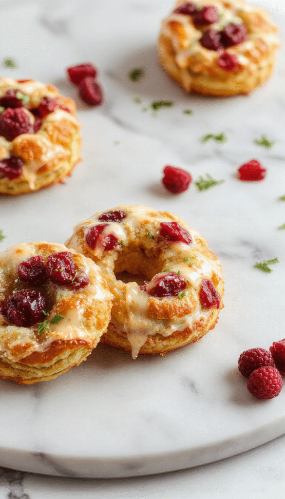 A beautifully arranged crescent ring with golden-brown puff pastry filled with turkey, vibrant red cranberry sauce, and fresh herbs, garnished with green parsley on a white platter, with a festive holiday table setting in the background.