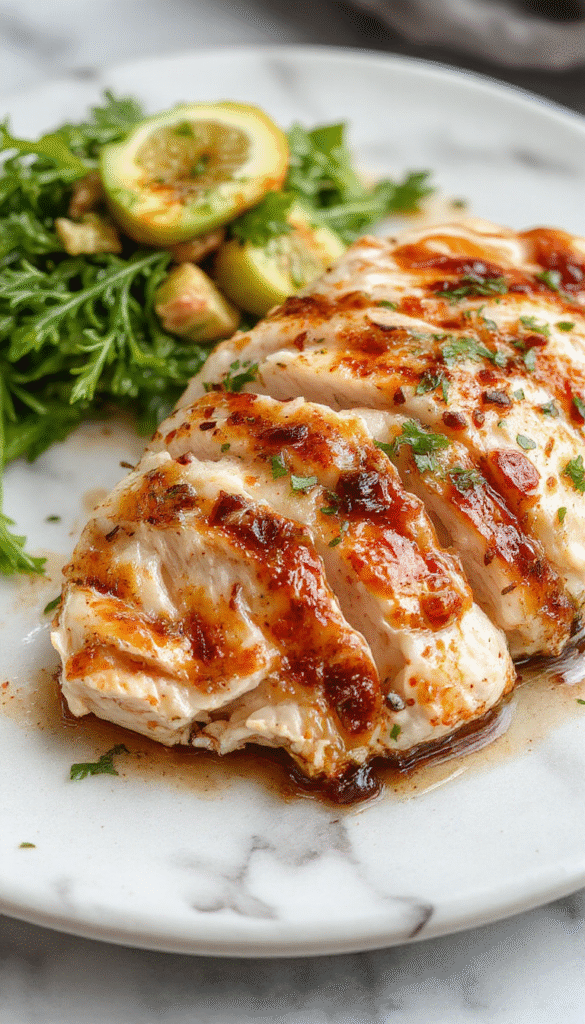 A close-up of a perfectly cooked chicken breast plated elegantly on a white dish, garnished with fresh herbs and colorful vegetables, showcasing its juicy and tender texture with a golden-brown exterior.