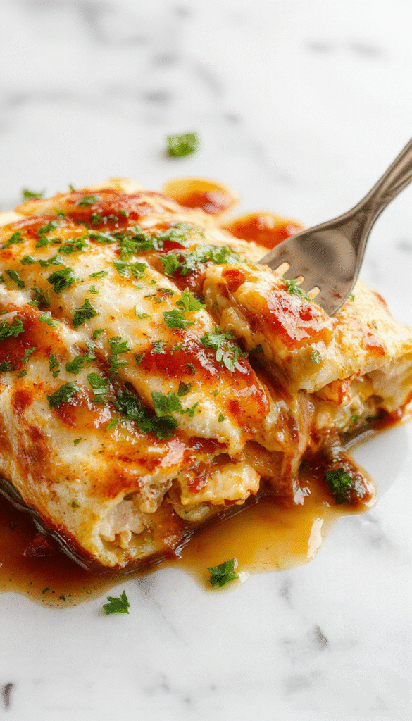 A colorful, steaming chicken burrito casserole served in a rustic baking dish. The casserole features golden-brown melted cheese, vibrant diced tomatoes, green cilantro, and layers of seasoned chicken and rice. The dish is garnished with fresh cilantro leaves and served alongside warm tortillas, creating an inviting and hearty presentation.