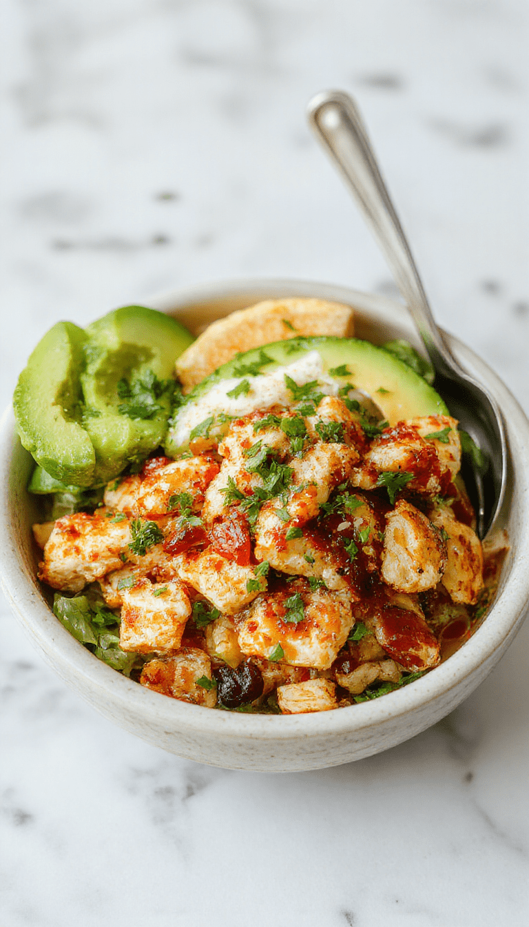 Colorful chicken burrito bowl featuring diced grilled chicken, vibrant red tomatoes, green cilantro, yellow corn, and creamy guacamole arranged beautifully in a white ceramic bowl on a rustic wooden surface with fresh lime wedges and toppings scattered around, showcasing a fresh, enticing, and flavorful presentation with textures of tender chicken, crunchy vegetables, and smooth sauces.