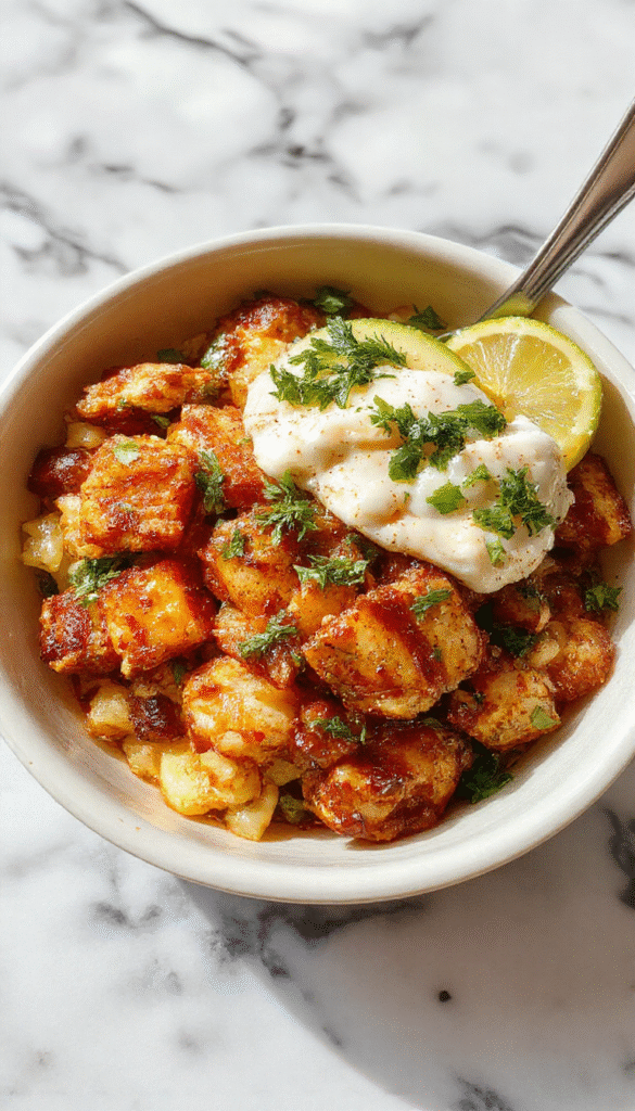 A vibrant chicken burrito bowl featuring diced grilled chicken, colorful bell peppers, avocado slices, shredded cheese, and fresh cilantro arranged in a deep ceramic bowl, with a side of lime wedges against a rustic wooden table background.