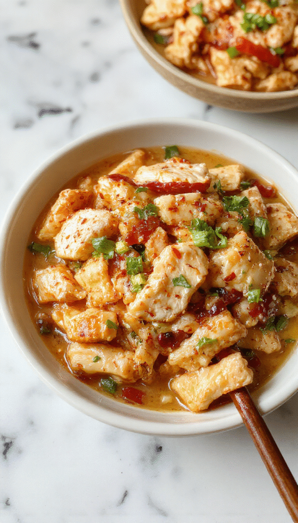 Colorful chicken ramen stir fry served in a deep white bowl with vibrant vegetables, tender sliced chicken, glossy ramen noodles, and garnished with green onions and sesame seeds, styled on a rustic wooden table with chopsticks beside the dish.