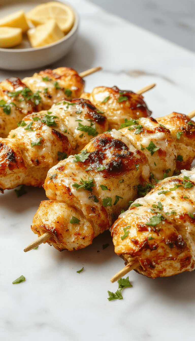Colorful grilled chicken skewers glazed with a creamy ranch garlic Parmesan sauce, arranged on a wooden platter with fresh herbs and lemon wedges, showcasing a crispy, charred exterior and tender interior, garnished with chopped parsley for a vibrant and appetizing presentation.