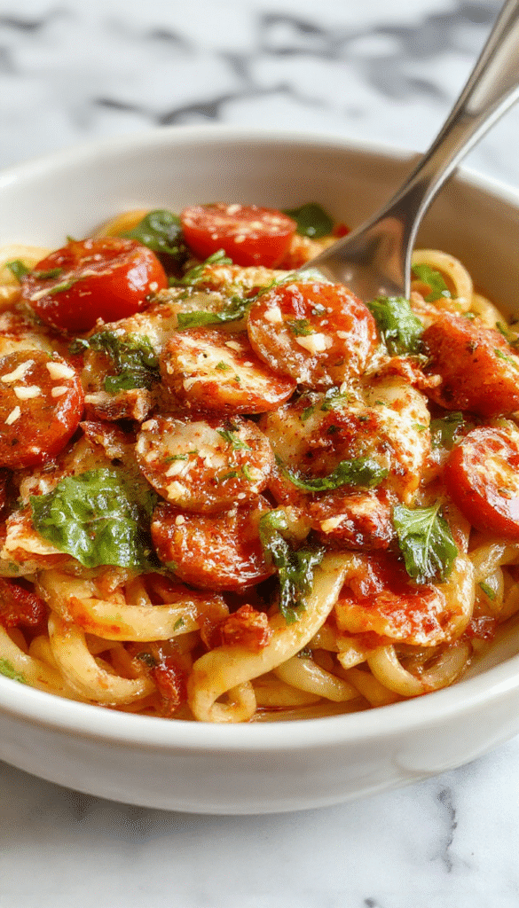 A vibrant plate of spinach and cherry tomatoes pasta with sprinkled parmesan, garnished with fresh basil, showcasing a colorful, glossy, and appetizing dish on a rustic wooden table.