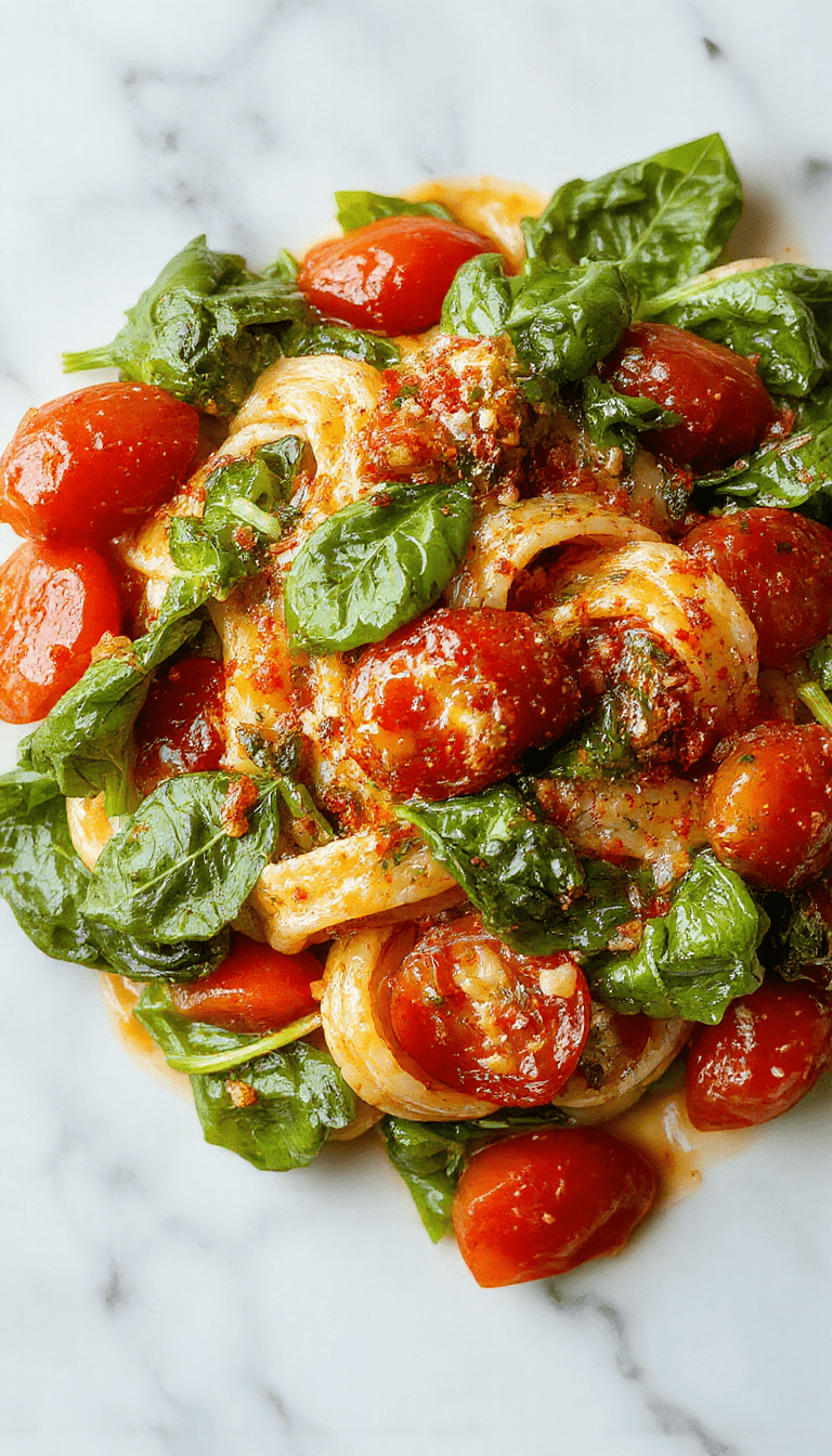 A vibrant plate of spinach tomato pasta featuring fresh green spinach leaves, ripe red tomato slices, and golden pasta, carefully plated with a sprinkle of grated cheese and herbs, garnished with basil leaves on a rustic wooden table, with a focus on the colorful ingredients and appealing textures.