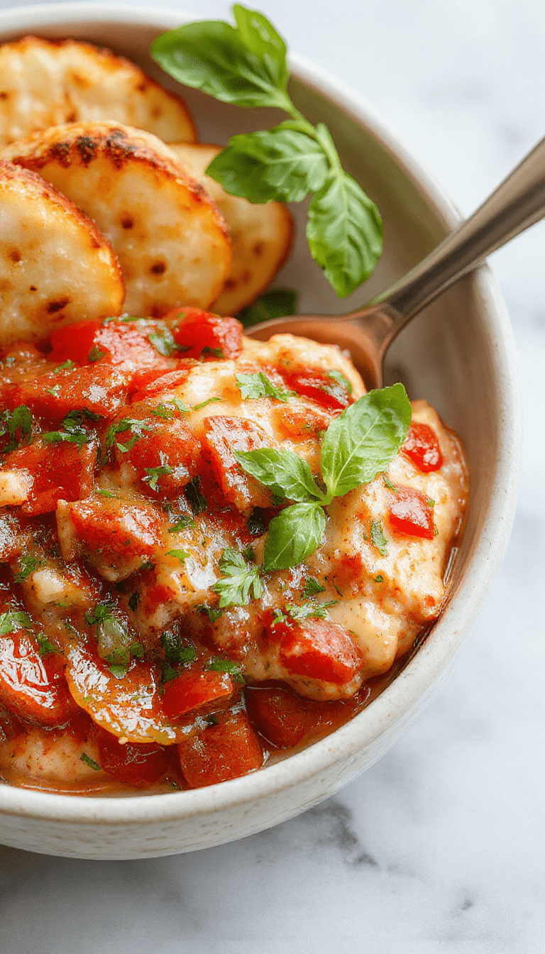 A vibrant bowl of bruschetta dip featuring chopped ripe red tomatoes, fresh green basil leaves, and crumbled feta cheese on a rustic wooden table, garnished with olive oil and cracked black pepper, served alongside crispy toasted baguette slices.