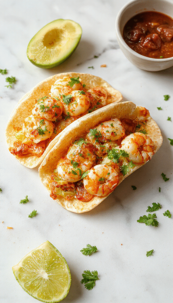 Colorful shrimp tacos plated on a rustic wooden surface, filled with grilled shrimp, fresh avocado slices, crisp lettuce, and drizzled with a creamy sauce, topped with chopped cilantro and lime wedges, showcasing vibrant reds, greens, and golden-brown shrimp textures.