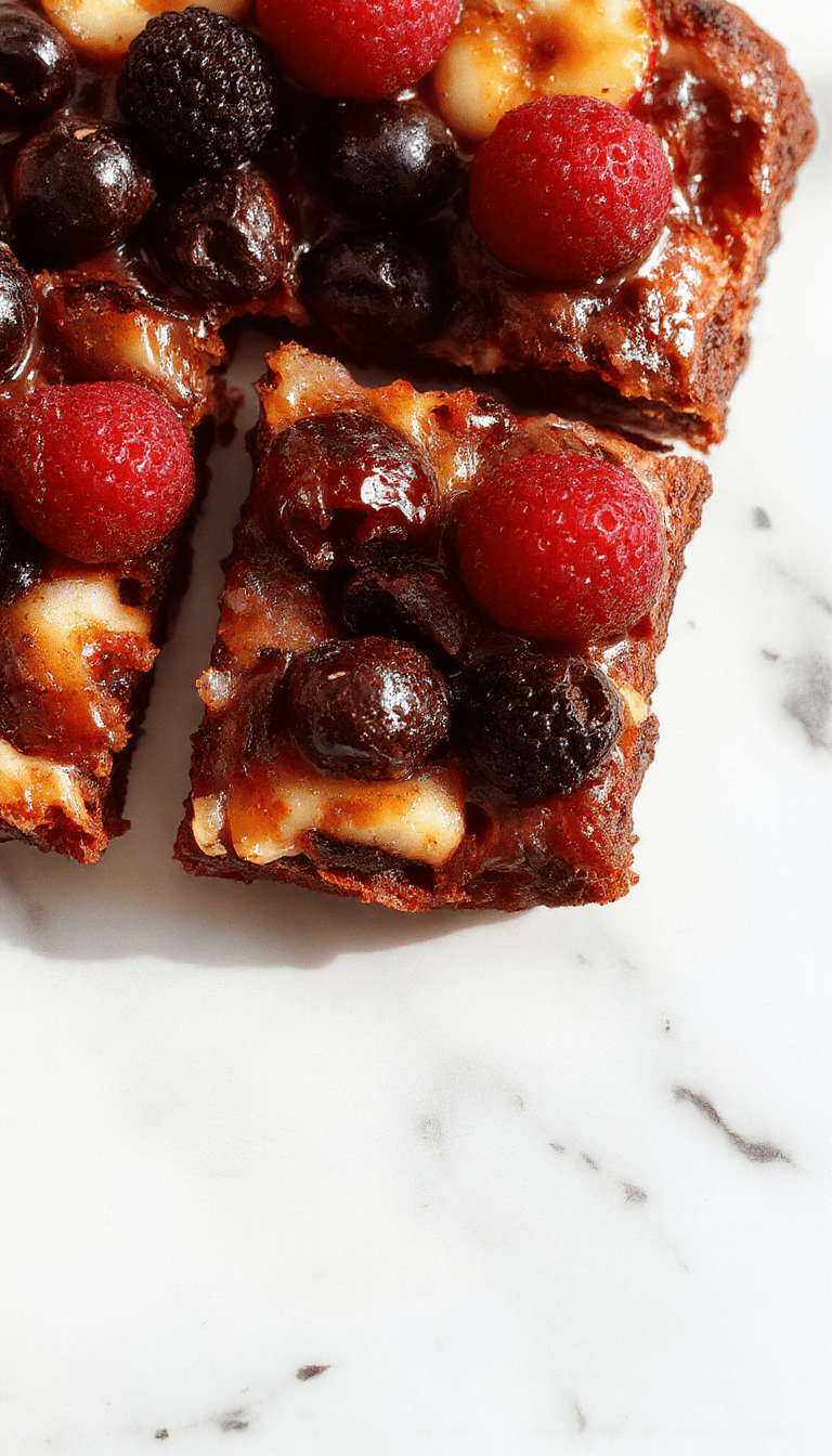 A vibrant brownie fruit pizza topped with colorful sliced strawberries, blueberries, kiwi, and mandarin oranges arranged in a decorative pattern on a white ceramic plate. The crust showcases a rich chocolate-brown color with a glossy, fruit-topped surface. The background features a rustic wooden table with fresh ingredients and a drizzle of sweet glaze for an enticing dessert presentation.