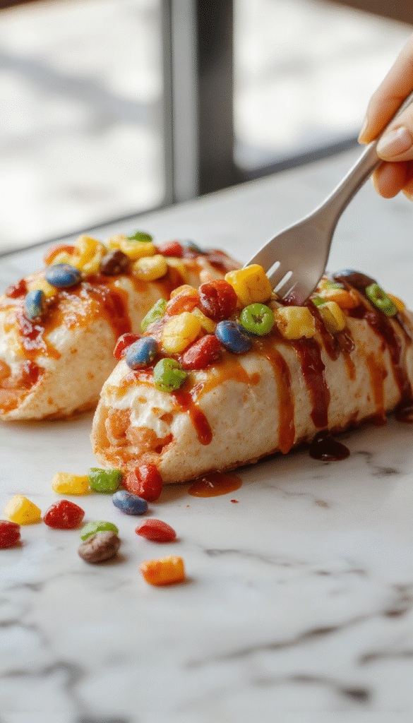 Colorful Fruity Pebbles Cheesecake Tacos arranged on a vibrant white plate. The tacos are golden-brown with a crispy texture, topped with a swirl of creamy cheesecake filling and sprinkled with bright, multicolored Fruity Pebbles cereal. The background features a cheerful, pastel setting with fresh berries and a drizzle of fruit syrup, styled to highlight the playful and indulgent nature of the dessert.