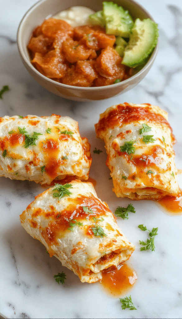 Colorful tortilla pizza rolls arranged on a white plate with melted cheese, pepperoni slices, and fresh herbs. The rolls are golden brown and crispy, with a slight sheen of melted cheese. The background features a bright, cheerful table setting with kids' lunchbox accessories, creating a lively and inviting atmosphere.