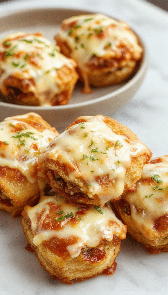 Colorful cheeseburger rollups showcasing a golden-brown toasted exterior with gooey melted cheese oozing from inside, garnished with fresh herbs and garlic butter glaze, neatly arranged on a rustic wooden platter