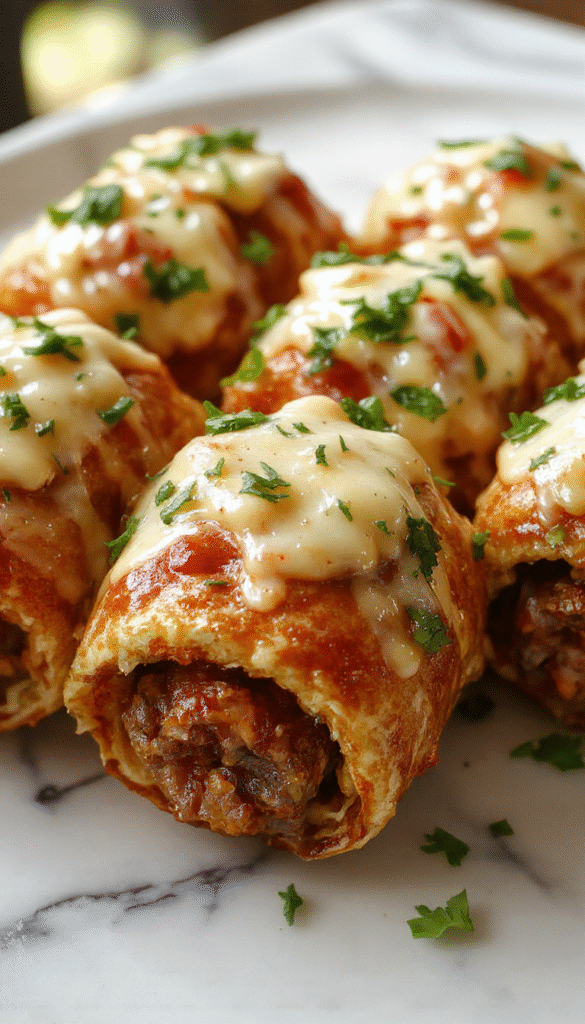 A close-up of golden-brown cheeseburger rollups topped with melted cheese and fresh chopped herbs on a rustic wooden platter, with a drizzle of garlic butter sauce, showcasing crispy textures and gooey cheese.