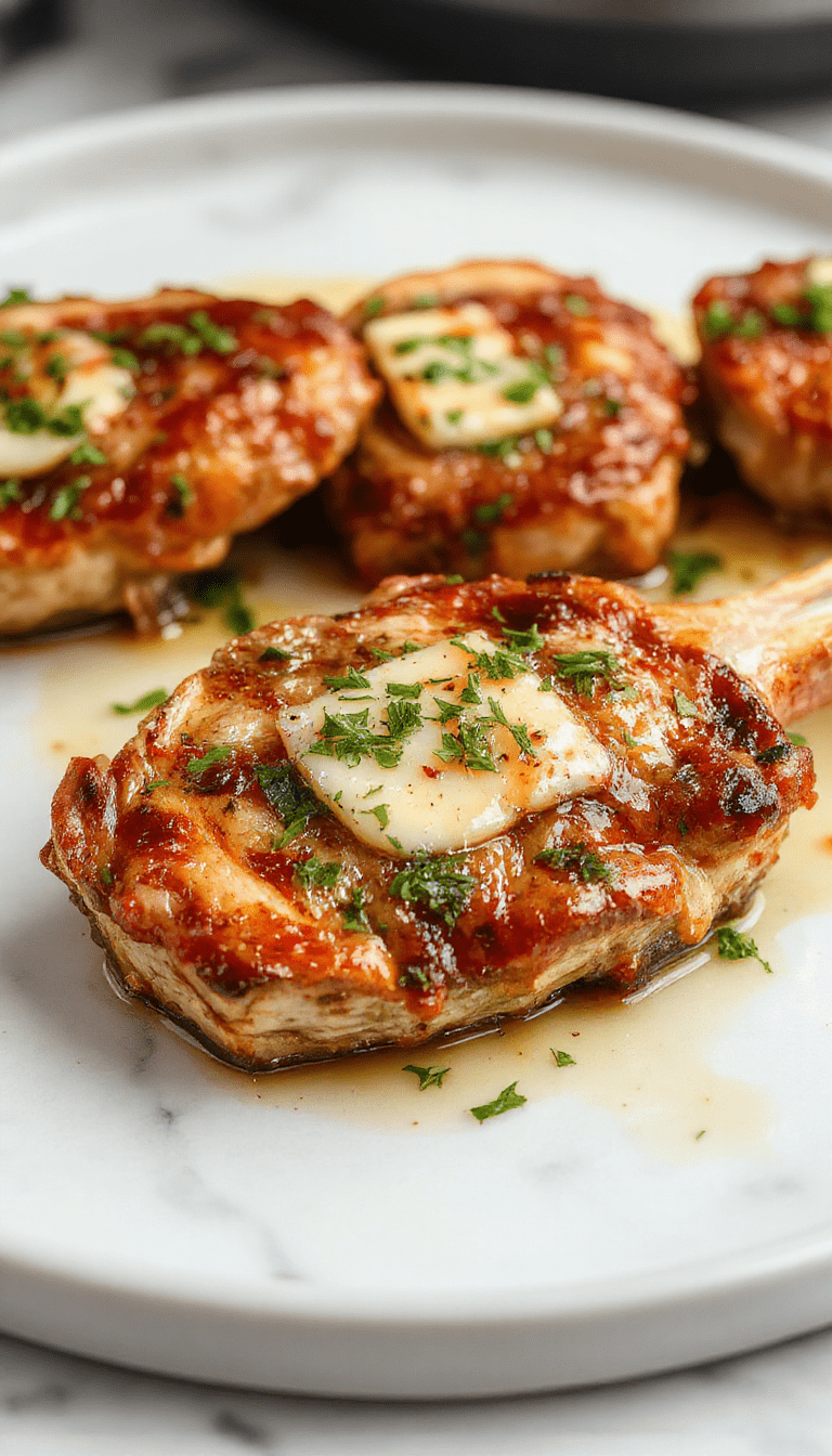 A close-up shot of golden-brown pork chops with a glistening garlic butter sauce, served on a rustic wooden plate garnished with fresh herbs, with a background of sizzling pan and chopped garlic and parsley.