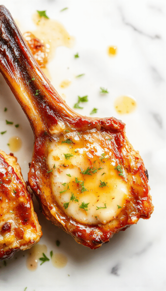A pair of golden-brown pan seared pork chops drizzled with garlic butter sauce, garnished with parsley on a rustic wooden table, with lemon wedges and fresh herbs nearby, showcasing a crispy texture and juicy interior.