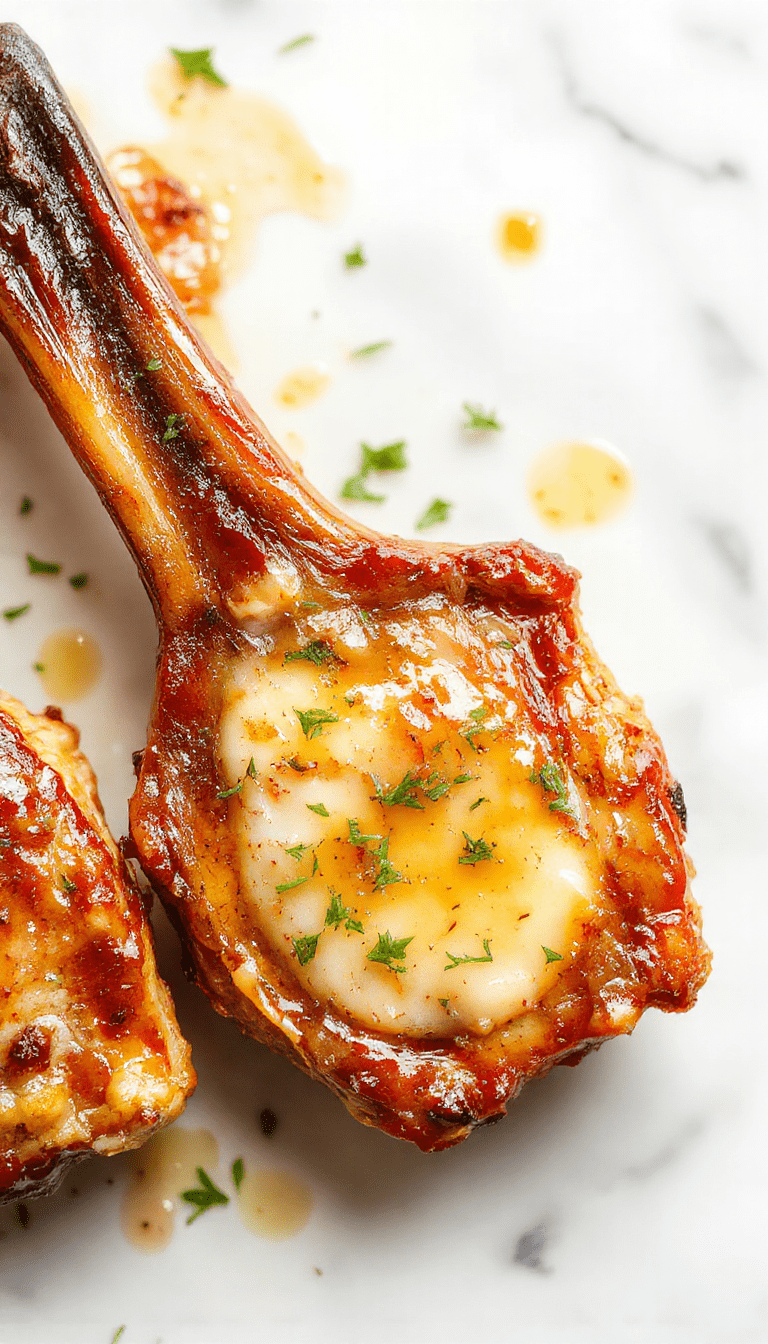 A pair of golden-brown pan seared pork chops drizzled with garlic butter sauce, garnished with parsley on a rustic wooden table, with lemon wedges and fresh herbs nearby, showcasing a crispy texture and juicy interior.