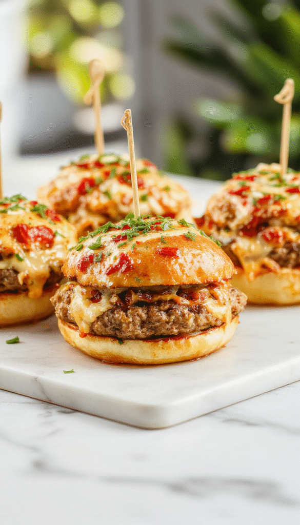 Golden-brown cheeseburger bombs topped with melted cheese and sprinkled with fresh parsley, arranged on a rustic wooden platter with dipping sauces, vibrant green herbs, and a side of crispy fries, showcasing their gooey interior and crispy exterior.