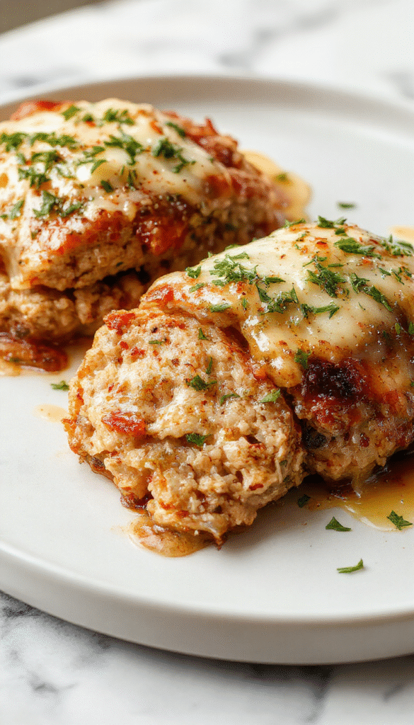 A golden-brown chicken meatloaf topped with melted Parmesan cheese and finely chopped garlic garnished with fresh parsley, sliced to reveal moist interior, plated on a rustic dish with a side of steamed vegetables, showcasing textures of crispy crust and tender inside in a warm, inviting kitchen setting.