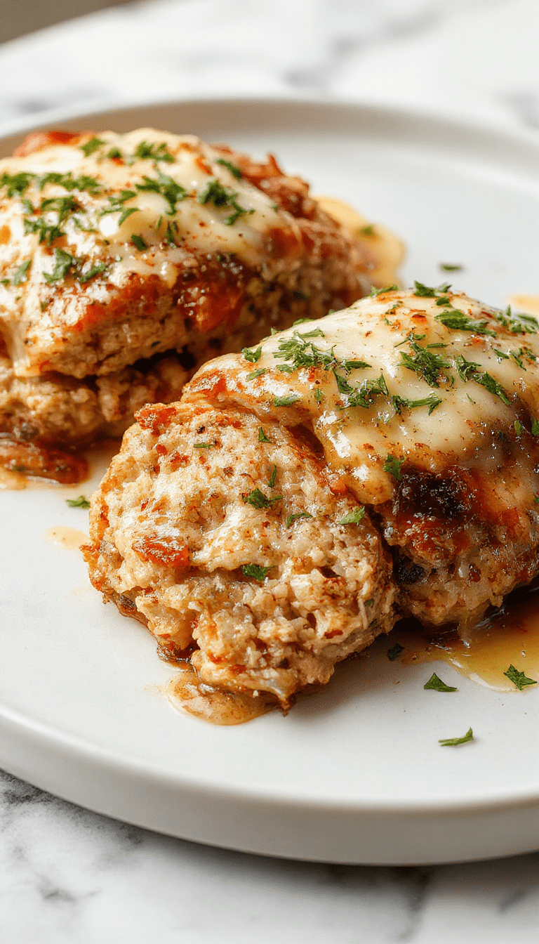 A golden-brown chicken meatloaf topped with melted Parmesan cheese and finely chopped garlic garnished with fresh parsley, sliced to reveal moist interior, plated on a rustic dish with a side of steamed vegetables, showcasing textures of crispy crust and tender inside in a warm, inviting kitchen setting.