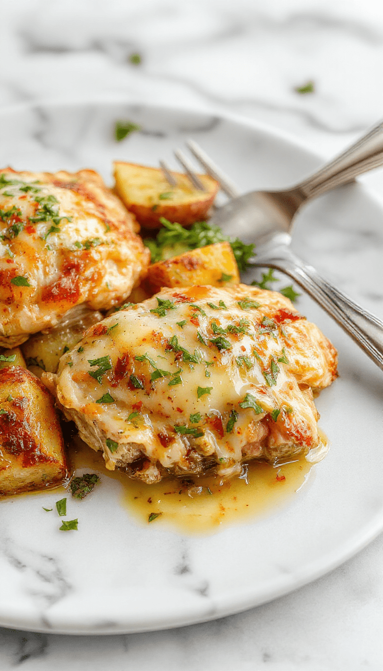A cozy scene featuring tender shredded chicken coated in melted Parmesan cheese and aromatic garlic, served alongside crispy roasted potatoes in a rustic white bowl, garnished with fresh parsley, set on a wooden table with a creamy sauce drizzled over the dish, styled in warm natural lighting emphasizing textures and flavors.