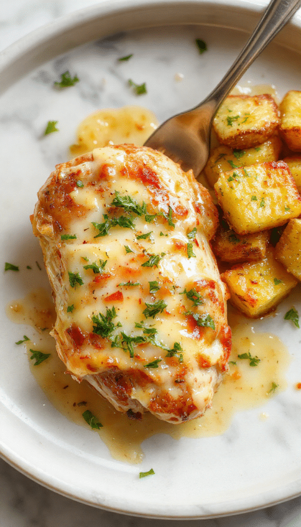 Colorful dish featuring tender shredded chicken and crispy roasted potatoes garnished with fresh parsley and a generous sprinkle of grated Parmesan cheese, served on a rustic white plate with a drizzle of garlic sauce, vibrant herbs, and a rustic wooden background.