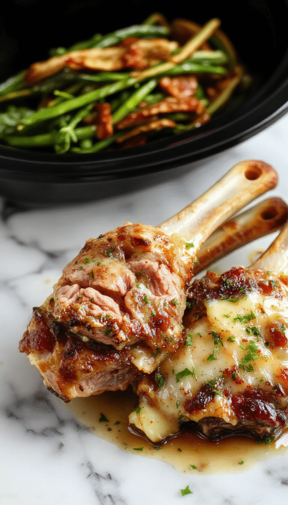 A close-up image of perfectly cooked pork chops glazed in a rich garlic Parmesan sauce, served on a rustic white plate lined with fresh herbs, with a background of vegetables and a slow cooker, showcasing a tender, juicy texture with a golden crust and creamy sauce drizzled on top, styled with a sprig of parsley for a homely, inviting presentation.