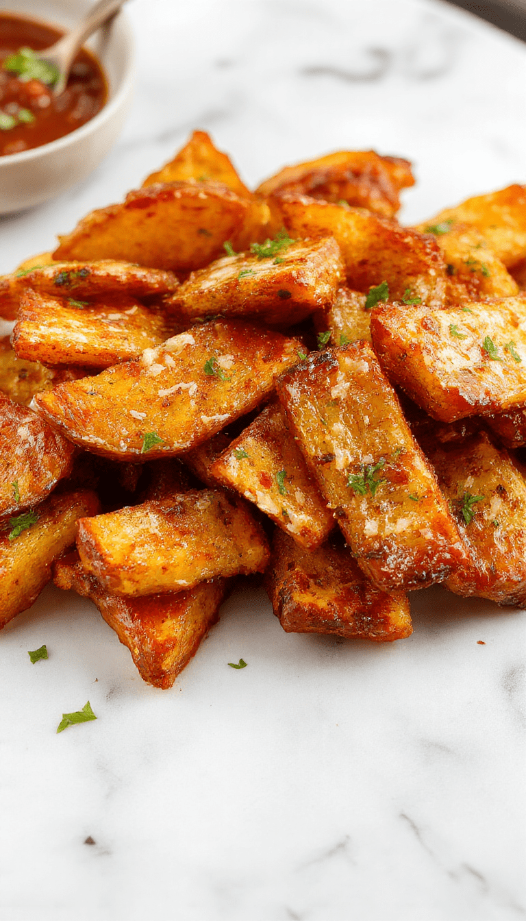 Colorful plate of crispy garlic parmesan sweet potato wedges arranged neatly with a sprinkle of chopped parsley, golden-brown exterior, garnished with Parmesan cheese and minced garlic, styled on rustic wooden table with fresh herbs and dipping sauce.