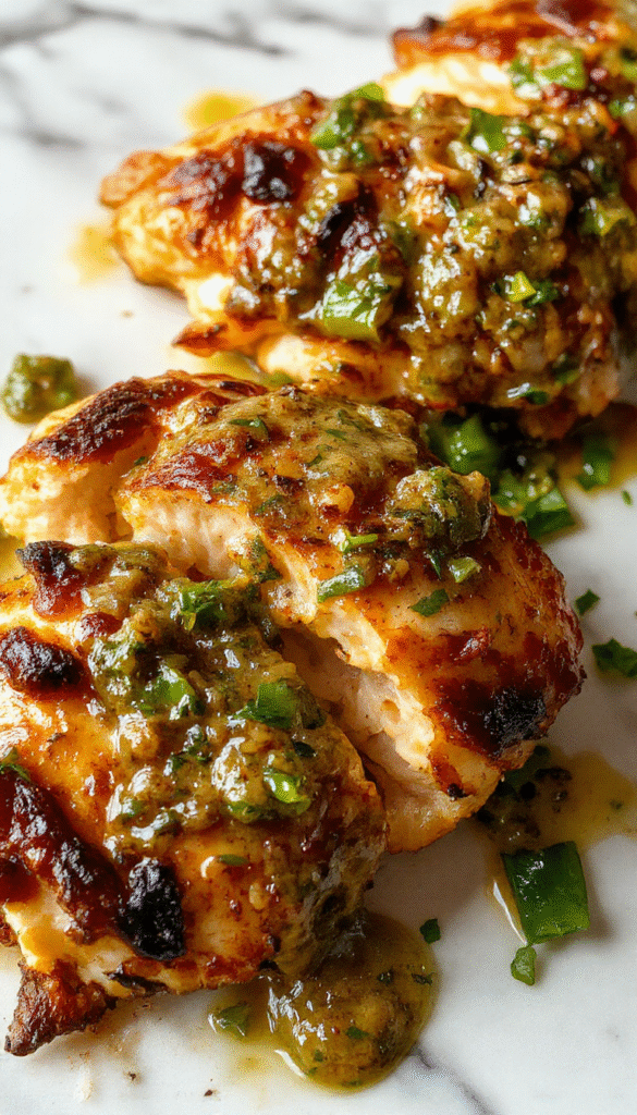 A vibrant plate featuring juicy grilled chicken topped with bright green salsa verde, melted pepper jack cheese, garnished with fresh cilantro, set on a rustic wooden table with colorful sides and a smoky grill in the background