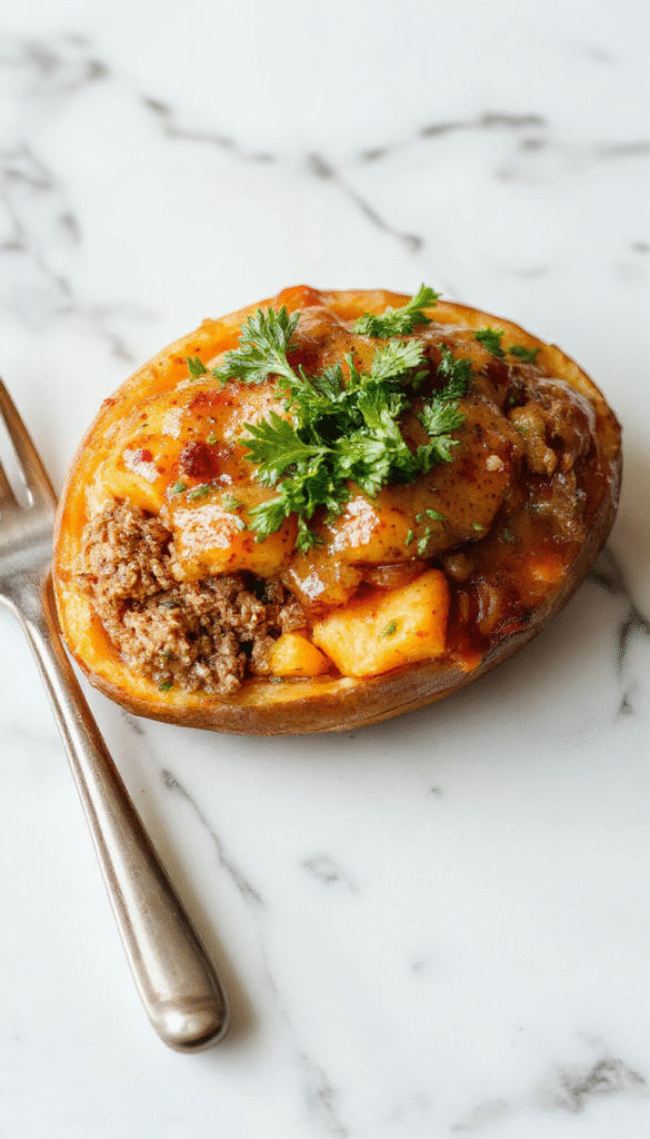 A colorful and appetizing ground turkey sweet potato bake served hot on a rustic ceramic plate. The dish features tender chunks of sweet potato mixed with crumbled cooked ground turkey, topped with melted cheese and garnished with fresh herbs. The background shows a wooden table with a side of leafy greens, and the vibrant orange of the sweet potatoes contrasts beautifully with the golden-brown crust and green herbs, emphasizing a hearty, comforting meal.