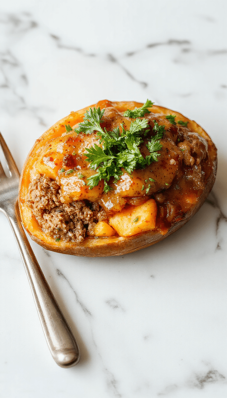 A colorful and appetizing ground turkey sweet potato bake served hot on a rustic ceramic plate. The dish features tender chunks of sweet potato mixed with crumbled cooked ground turkey, topped with melted cheese and garnished with fresh herbs. The background shows a wooden table with a side of leafy greens, and the vibrant orange of the sweet potatoes contrasts beautifully with the golden-brown crust and green herbs, emphasizing a hearty, comforting meal.