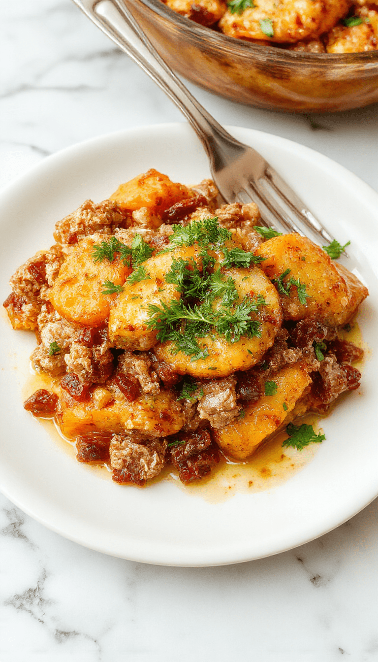 A colorful oven-baked dish featuring chunks of golden roasted sweet potatoes, tender ground turkey crumbles, and melted cheese on top, garnished with fresh herbs on a rustic wooden table.