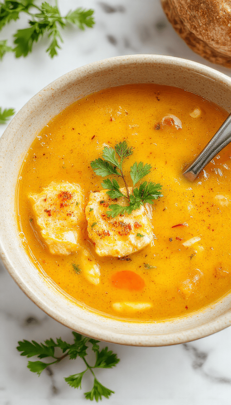 A vibrant bowl of golden turmeric chicken soup garnished with fresh herbs and slices of tender chicken, served on a rustic wooden table with a spoon resting beside it, showcasing rich textures and warm colors.