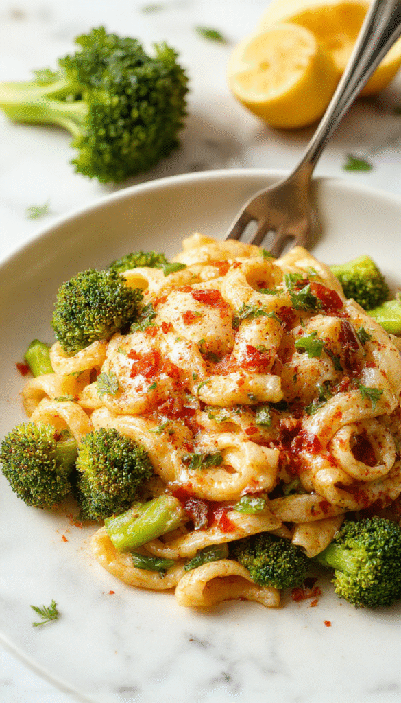 A vibrant plate of healthy broccoli pasta featuring bright green broccoli florets and sun-kissed spaghetti, topped with a sprinkle of grated cheese and fresh herbs, presented on a rustic wooden table with a side lemon wedge and a fork for an inviting, wholesome look.