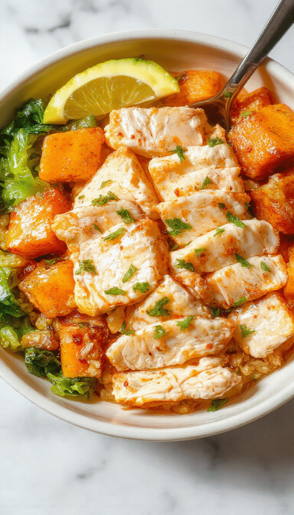 Colorful chicken and sweet potato rice bowl served in a white ceramic bowl accented with fresh herbs. The dish features tender shredded chicken, roasted sweet potato chunks, fluffy white rice, and vibrant green spinach leaves with a drizzle of olive oil and herbs. The presentation is inviting and bright, highlighting the textures and fresh ingredients with a rustic wooden table background.