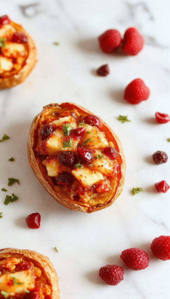 A vibrant plate featuring halved sweet potatoes filled with a colorful mixture of fresh cranberries, sliced apples, and mashed sweet potato topped with a sprinkle of cinnamon. The dish is styled on a rustic wooden table with a ladle and fresh ingredients around, highlighting textures of creamy filling, tart cranberries, and caramelized apple slices with a warm, inviting atmosphere.