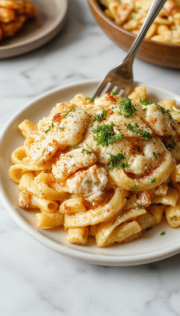 A vibrant plate of garlic parmesan chicken pasta featuring tender chicken pieces coated in creamy parmesan sauce, garnished with chopped parsley and grated cheese, served on a white ceramic plate with fresh basil leaves in the background, showcasing a colorful and appetizing meal with steam rising.