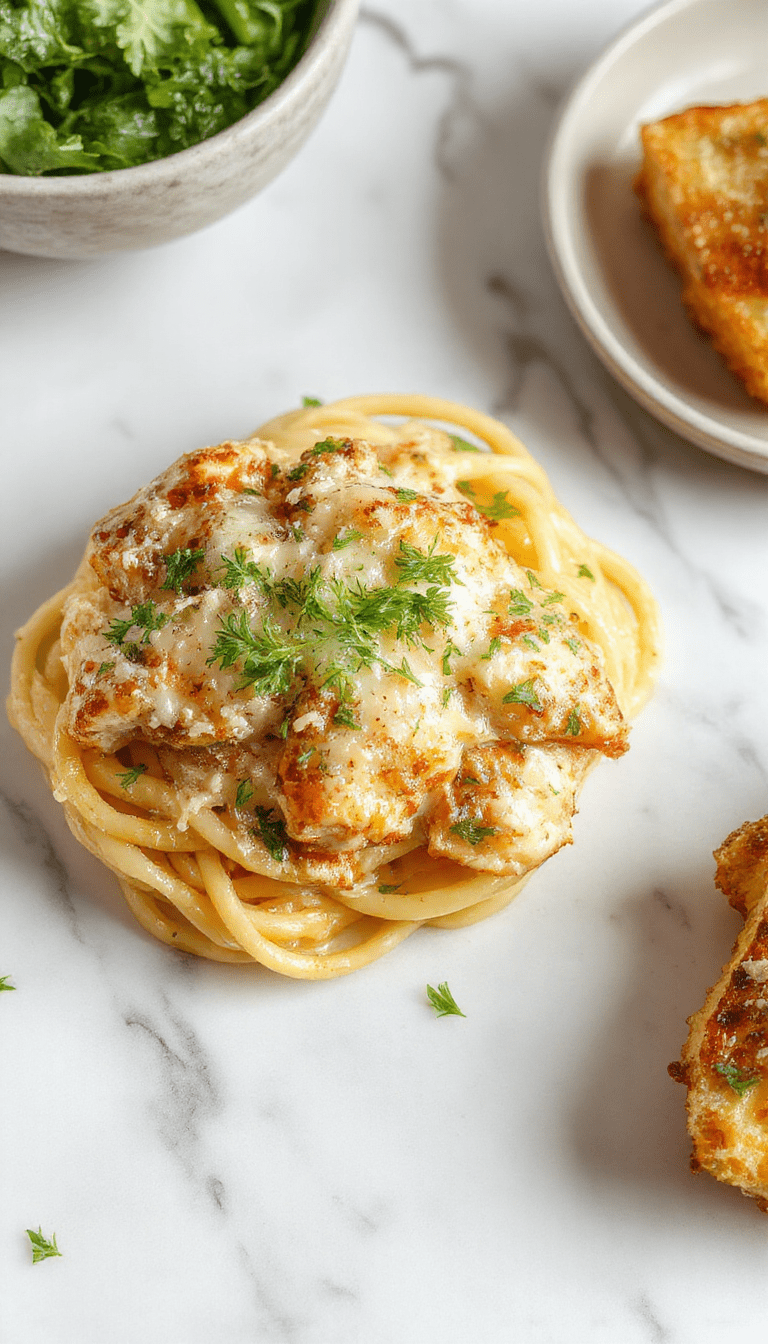 A vibrant plate of garlic parmesan chicken pasta topped with freshly chopped parsley and grated cheese, featuring tender chicken pieces and al dente noodles, set on a rustic wooden table with garlic cloves and fresh herbs in the background.