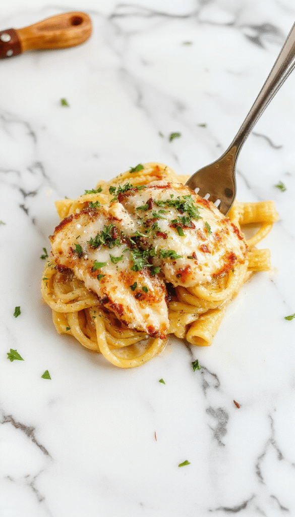 A vibrant plate of garlic parmesan chicken pasta featuring golden grilled chicken pieces atop a bed of al dente pasta, coated in creamy parmesan sauce, garnished with chopped parsley and grated cheese, set on a rustic wooden table with fresh herbs and garlic cloves around for a flavorful presentation.