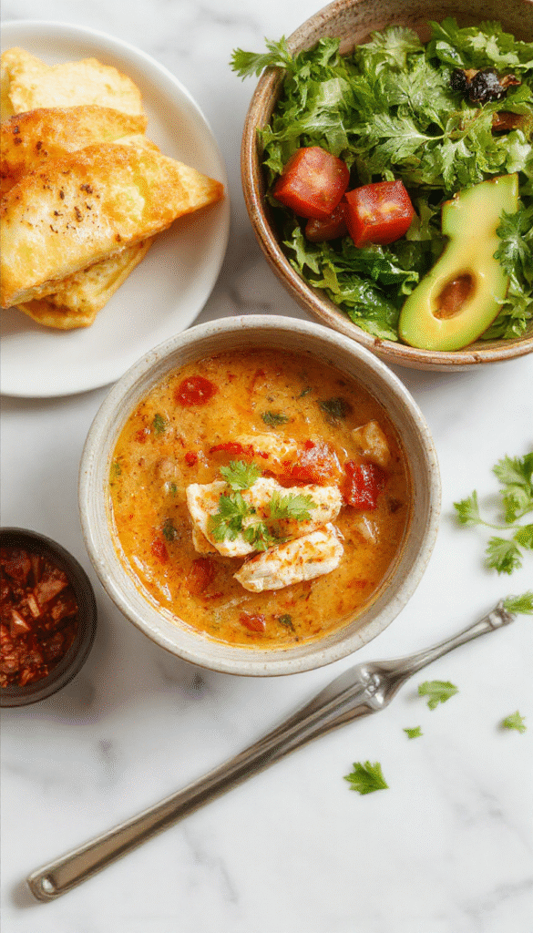 A vibrant bowl of low carb chicken tortilla soup topped with shredded chicken, fresh cilantro, sliced jalapenos, and melted cheese. The soup has a rich reddish-brown broth with visible chunks of chicken and vegetables, served in a rustic white bowl garnished with lime wedges and cilantro. The background features a wooden table with colorful utensils and fresh ingredients.
