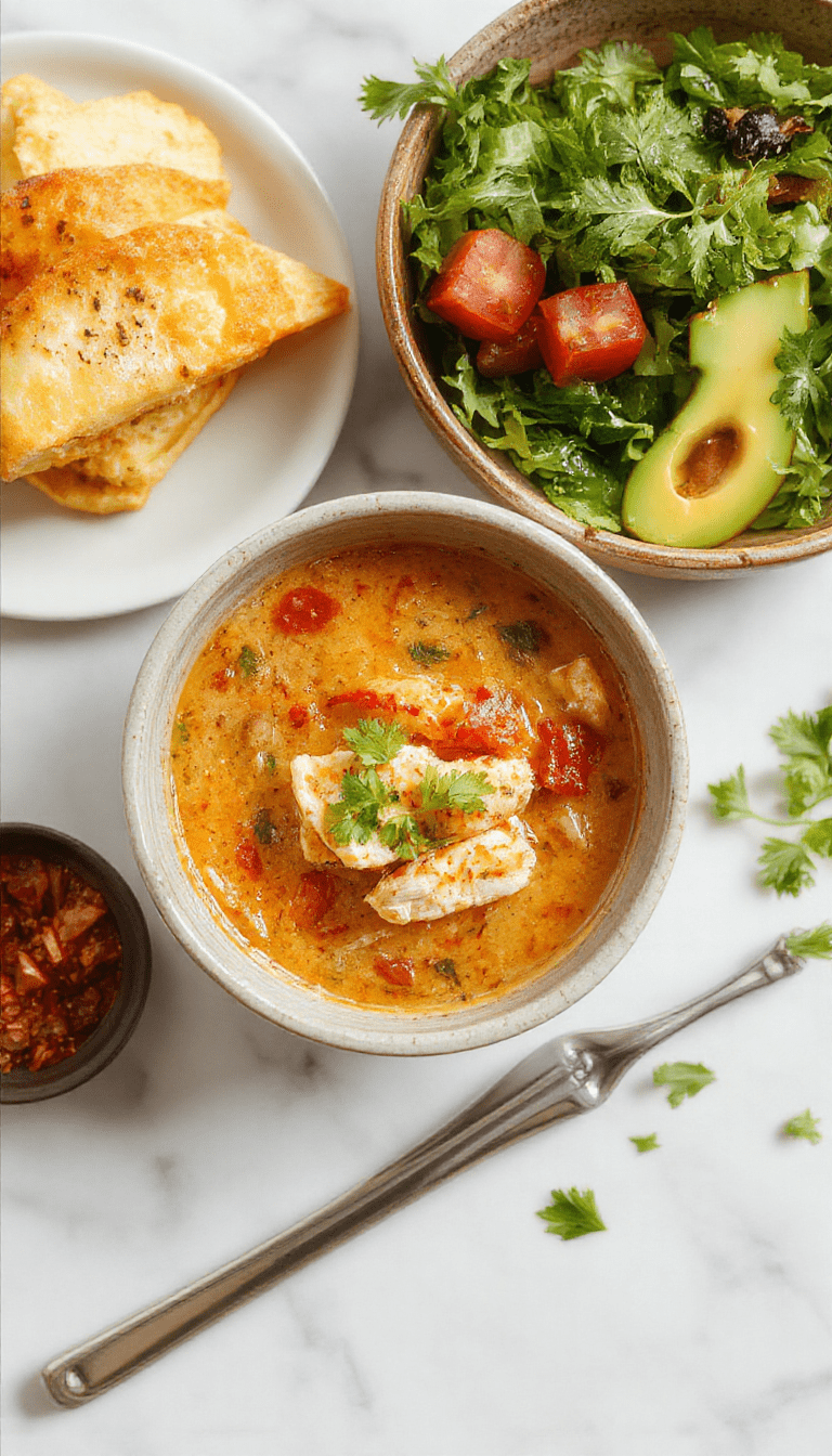 A vibrant bowl of low carb chicken tortilla soup topped with shredded chicken, fresh cilantro, sliced jalapenos, and melted cheese. The soup has a rich reddish-brown broth with visible chunks of chicken and vegetables, served in a rustic white bowl garnished with lime wedges and cilantro. The background features a wooden table with colorful utensils and fresh ingredients.