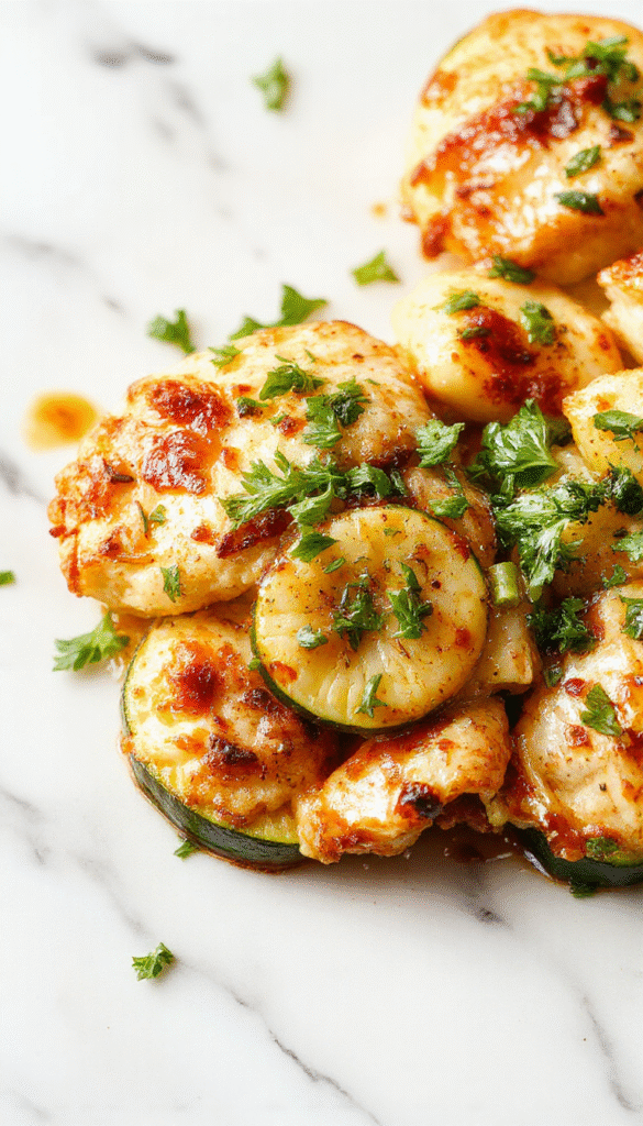 A vibrant Mediterranean chicken zucchini bake served in a rustic white dish, featuring golden-brown roasted chicken pieces nestled among tender, sliced zucchini and bright cherry tomatoes, garnished with fresh herbs and drizzled with olive oil, with a backdrop of a wooden table and fresh herbs scattered around.