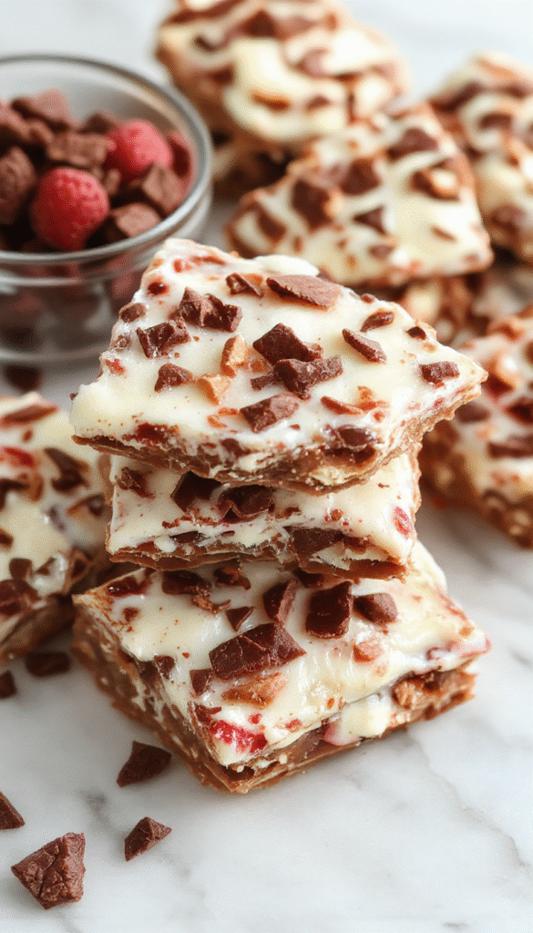 Colorful protein yogurt bark pieces topped with fresh berries and chopped nuts, displayed on a white ceramic plate with a rustic wooden background, highlighting the textures and vibrant colors of the ingredients.