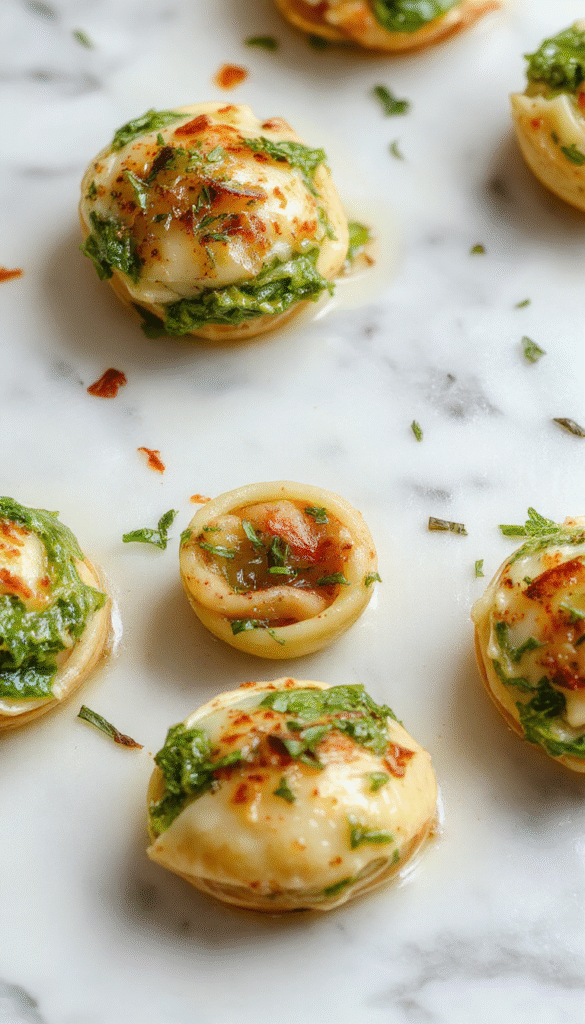 Colorful image showing plated spinach and ricotta stuffed pasta shells arranged on a white ceramic dish. The shells are golden-brown with a creamy spinach and ricotta filling peeking out, topped with melted mozzarella and garnished with fresh basil leaves. The vibrant green of the spinach contrasts beautifully with the white ricotta and the golden edges of the pasta, styled simply with a light drizzle of olive oil and a side of cherry tomatoes.