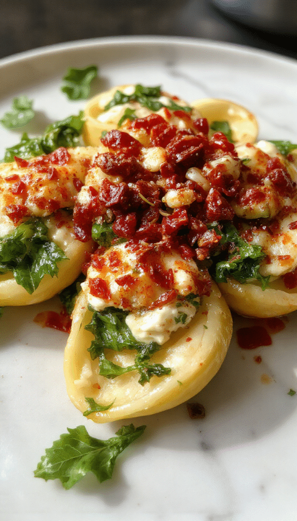 Colorful close-up of creamy ricotta and vibrant spinach filling in large pasta shells, arranged on a white plate with fresh basil garnish, showcasing the rich textures and inviting presentation.