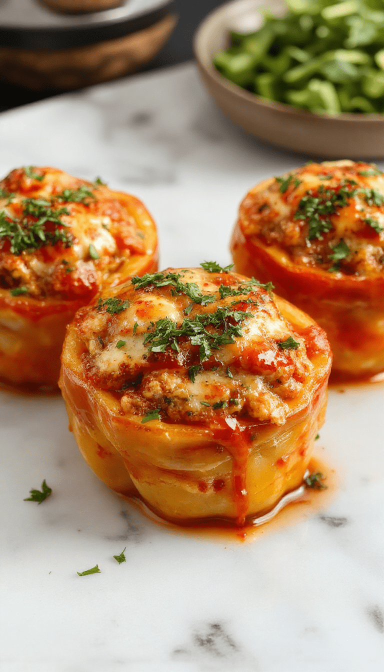 Colorful stuffed bell peppers arranged on a white plate, filled with a savory mixture of rice, vegetables, and melted cheese, garnished with fresh herbs, with a vibrant red and green peppers contrasting against a rustic wooden background.