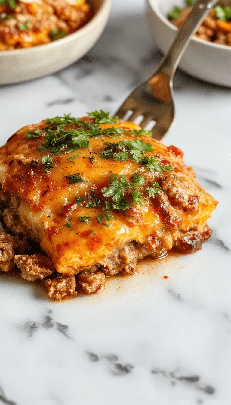 A close-up shot of a freshly baked sweet potato and ground turkey casserole served on a rustic white plate. The golden-brown top is crisp and bubbling, with vibrant orange sweet potato chunks visible beneath. Garnished with fresh herbs, the dish appears savory and inviting, against a neutral background with a hint of greenery for a fresh touch.
