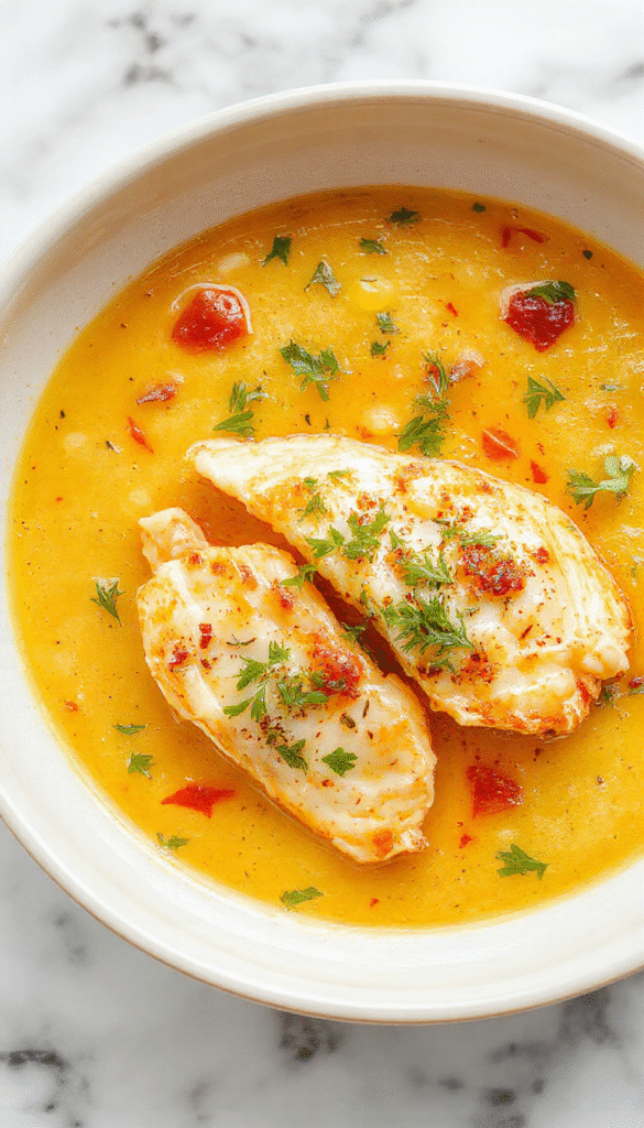 A vibrant bowl of chicken piccata soup featuring tender chicken pieces, slices of lemon, capers, and fresh parsley in a golden broth, garnished with herbs and served with a lemon wedge on a rustic wooden table