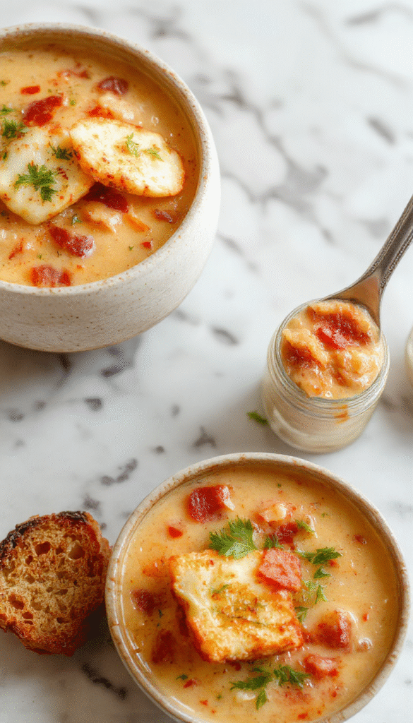 A steaming bowl of creamy cowboy soup with chunks of tender beef, corn, beans, and potatoes, garnished with fresh herbs on a rustic wooden table, vibrant colors highlighting the hearty textures and inviting presentation.