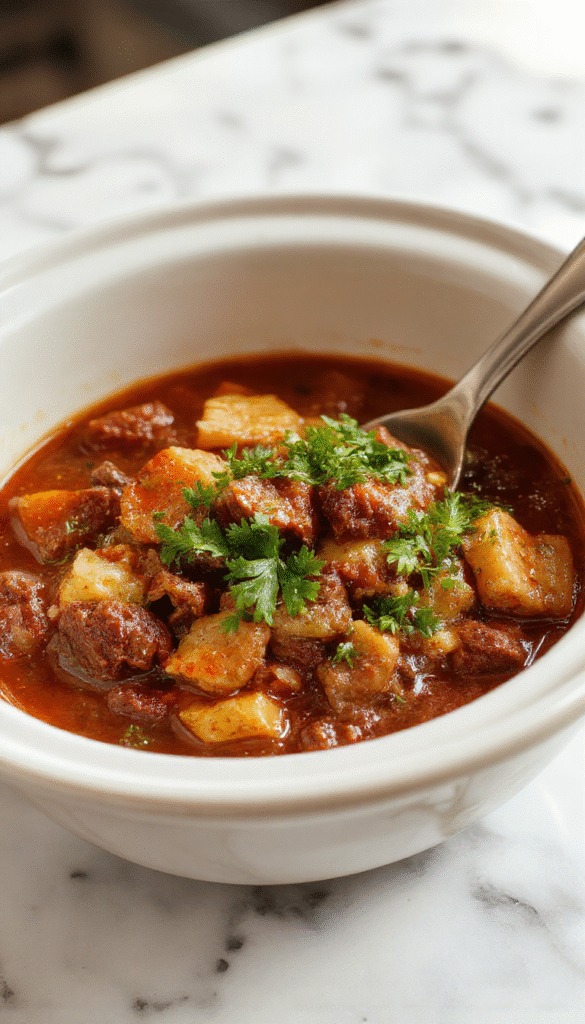 A steaming bowl of hearty beef stew with tender beef chunks, carrots, potatoes, and herbs, served on a rustic wooden table with a spoon, vibrant colors and textured ingredients.