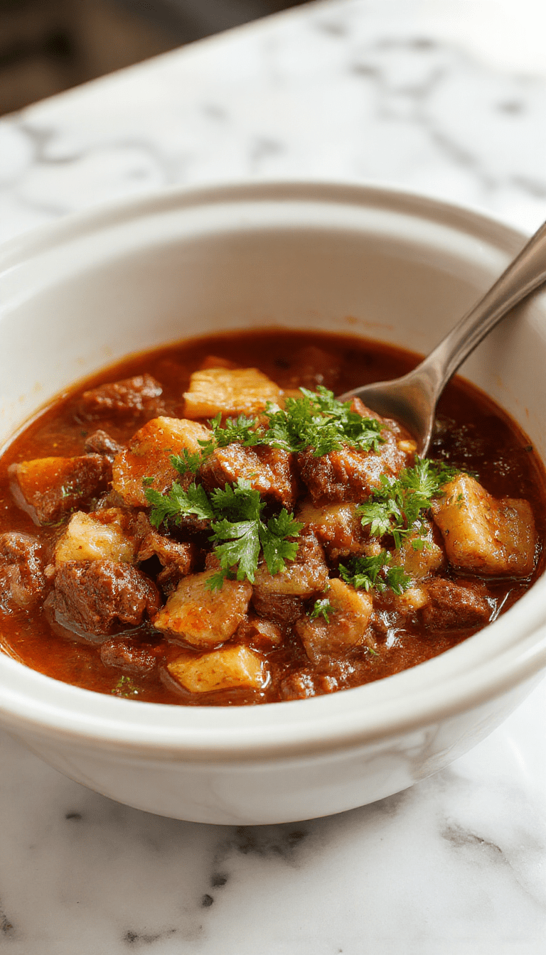 A steaming bowl of hearty beef stew with tender beef chunks, carrots, potatoes, and herbs, served on a rustic wooden table with a spoon, vibrant colors and textured ingredients.